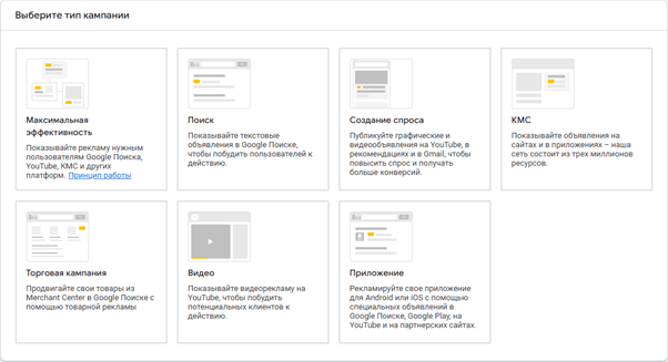 Выбор типа кампании в Google